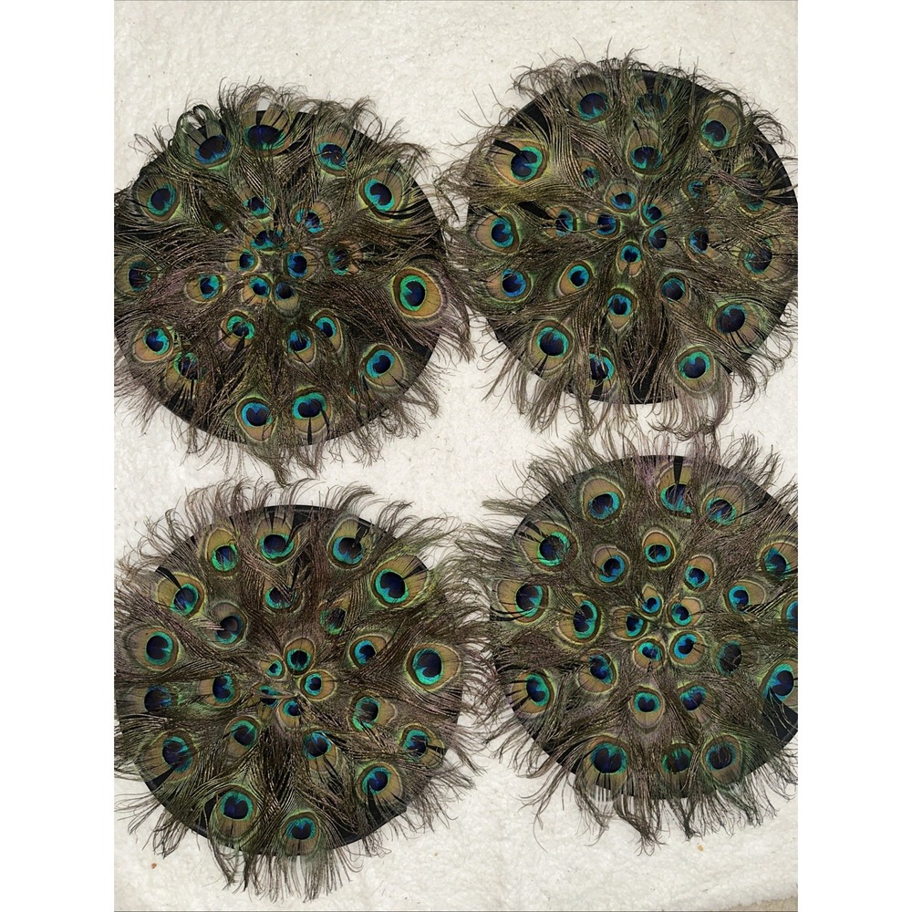 Vtg PIER ONE  Peacock Feather Counterpiece Placemat set of 4 size 15" X 15" Rnd